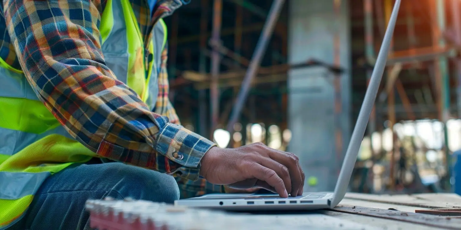 A construction worker using a laptop on a construction site