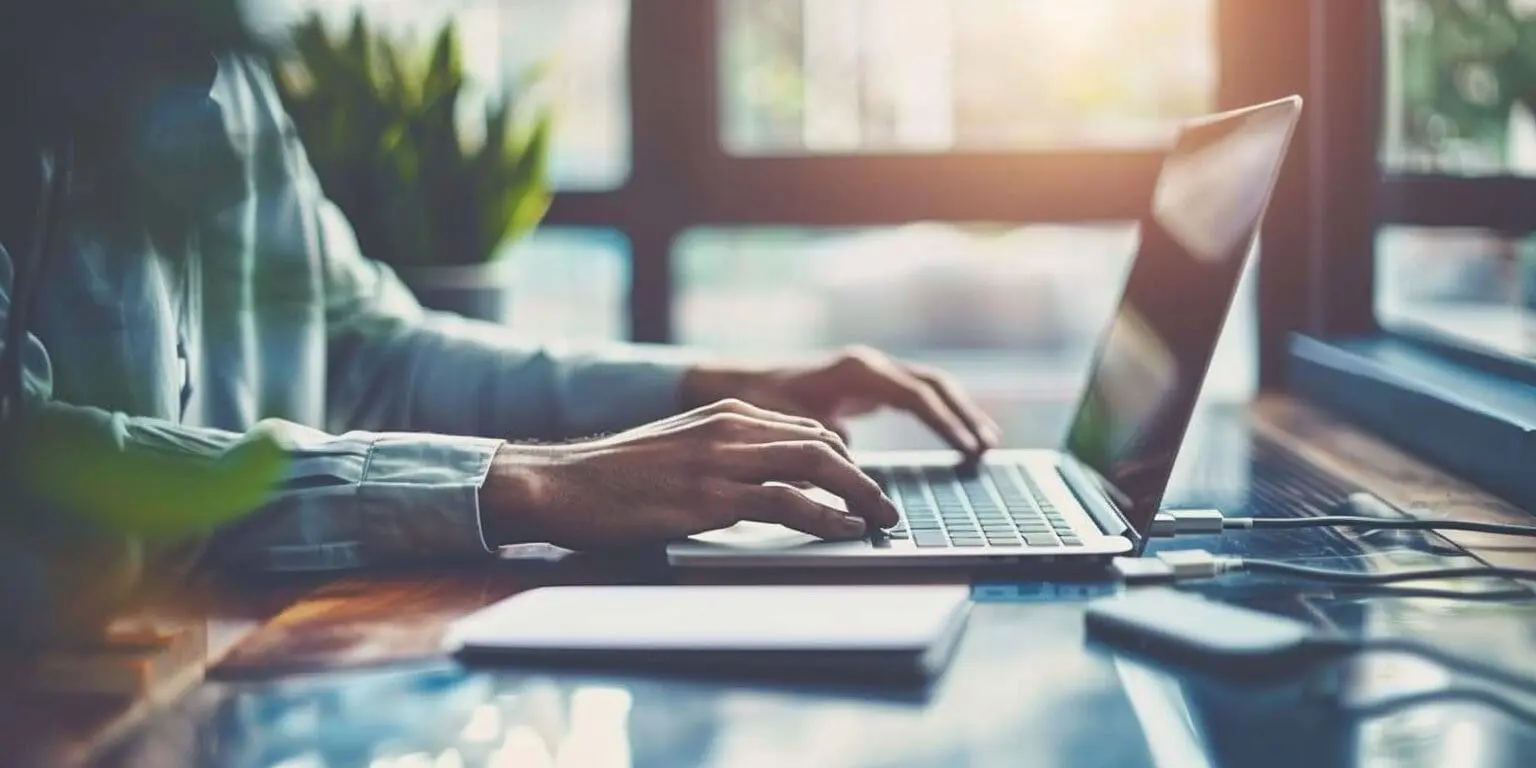 picture of a charity worker at a desk working on a laptop