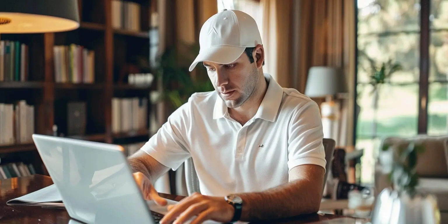 a golf player at a desk using a laptop