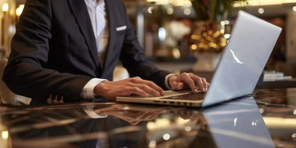 a hotel manager at a desk on a laptop