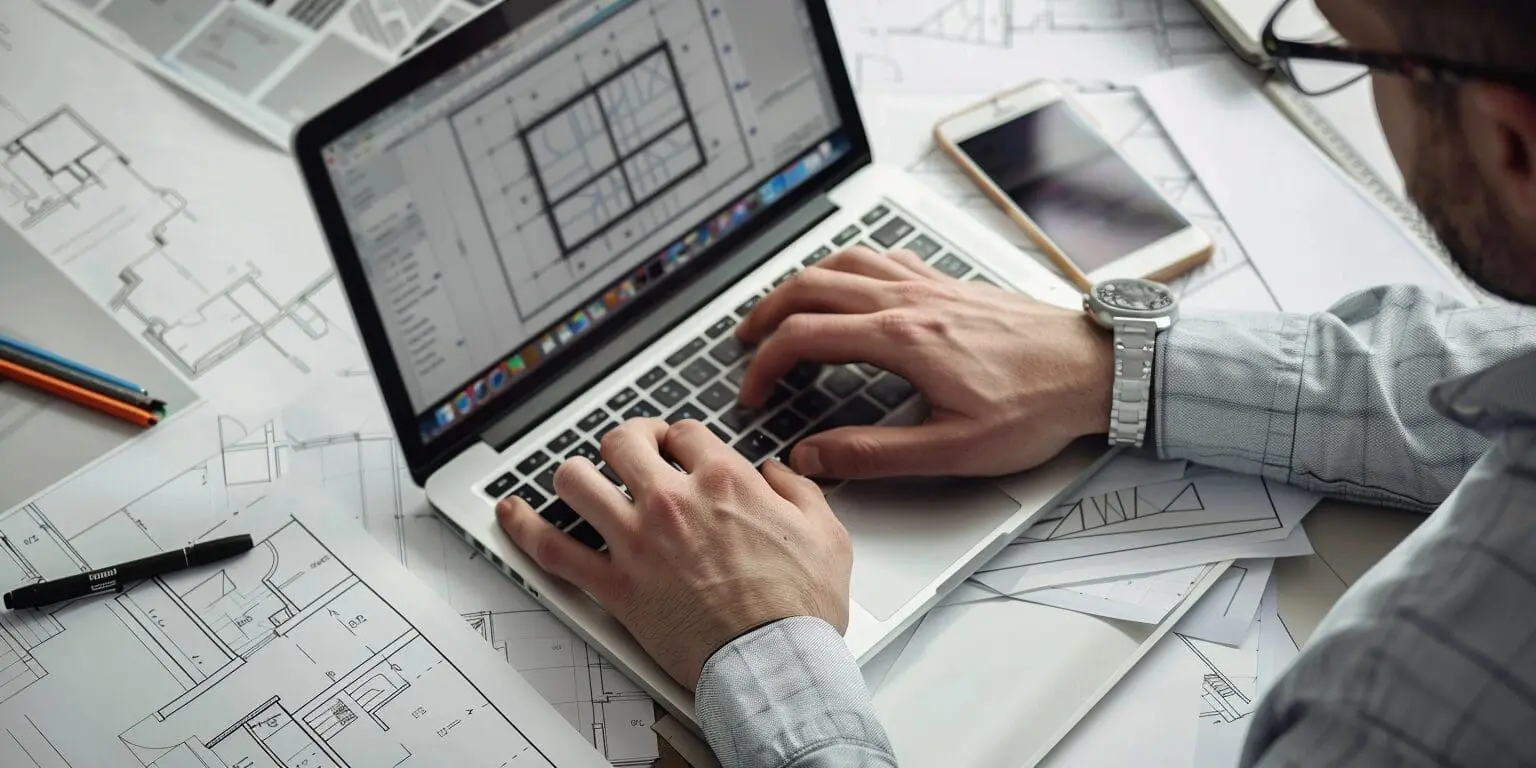 an architect at a desk on a laptop looking at some designs