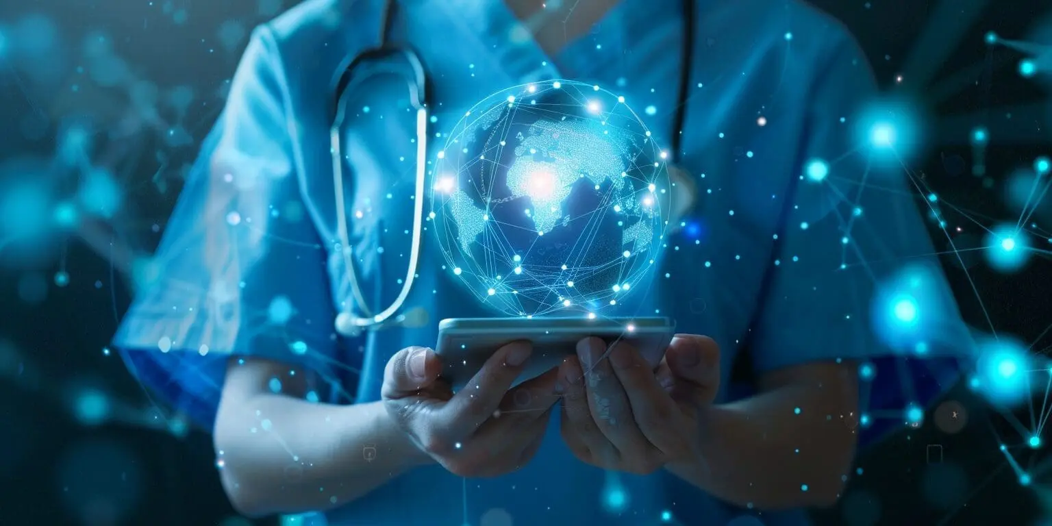 nurse holding ipad with world hologram coming out of the ipad